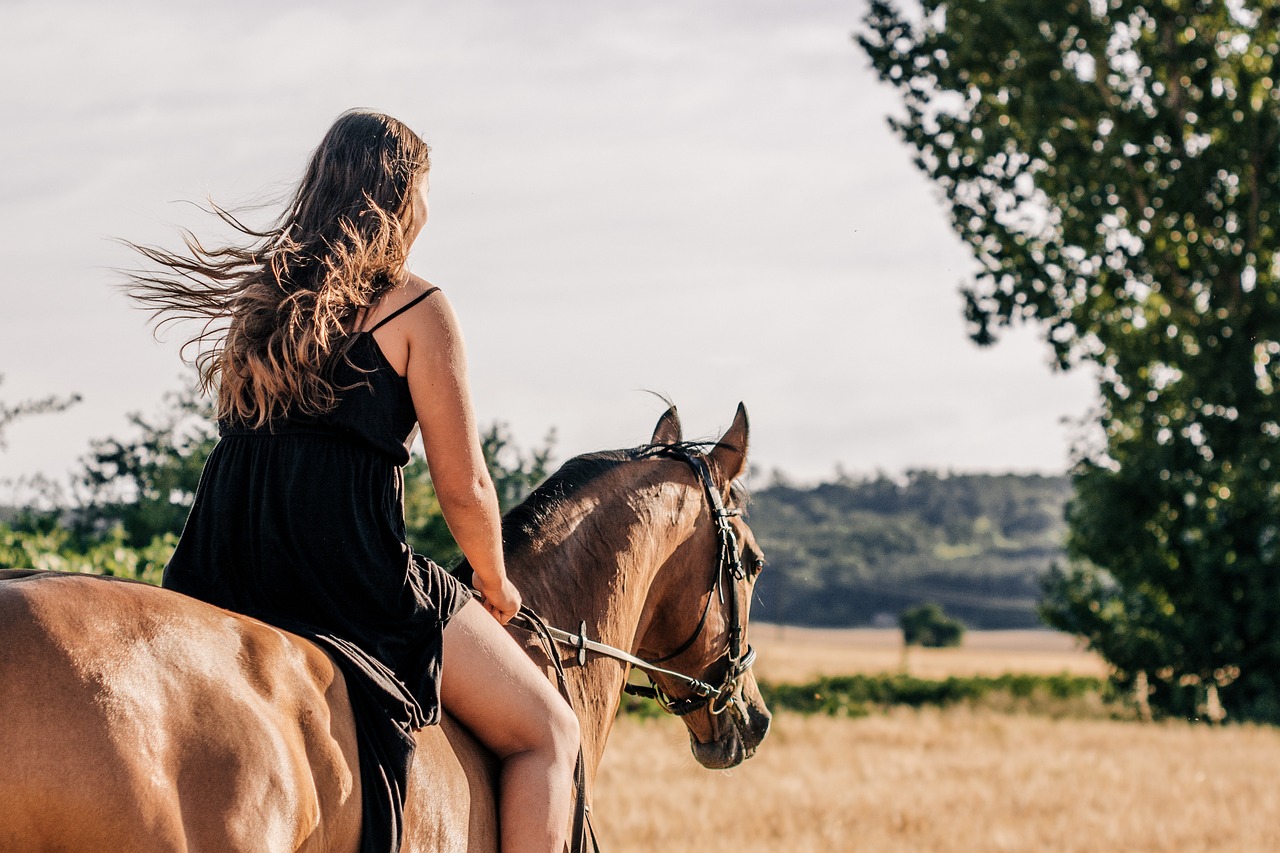 Frau reitet auf Pferd durch die Landschaft